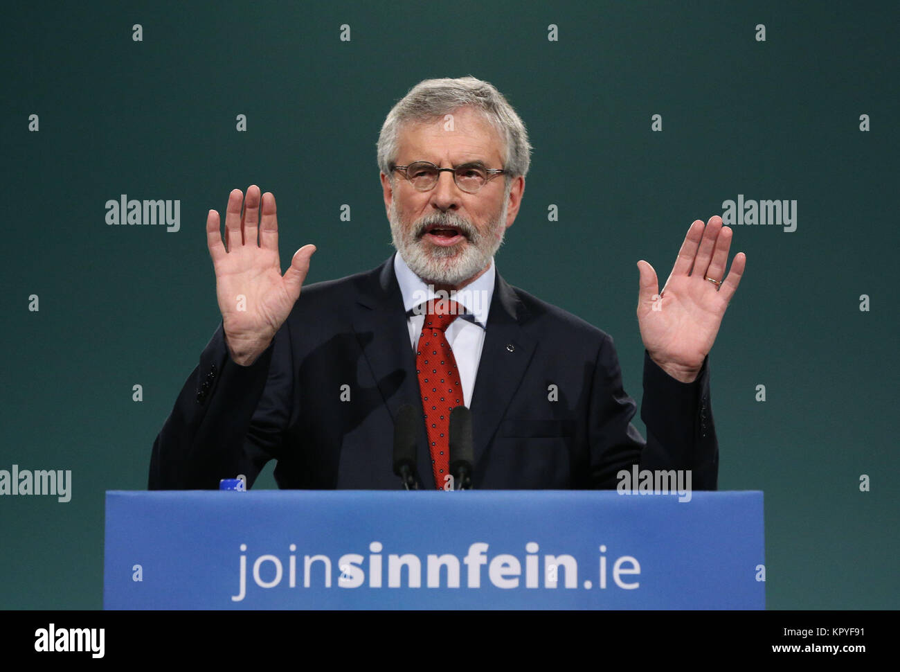 Review of the Year 2017: November: Sinn Fein President Gerry Adams addresses the Sinn Fein Ard Fheis in the RDS, Dublin, as he announced he is to step down as president of Sinn Fein after 34 years in charge of the party that was once closely linked to the IRA. Stock Photo
