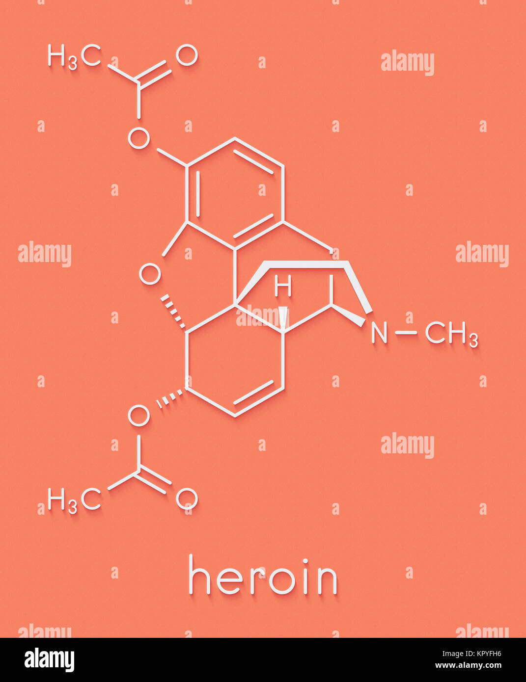 Heroin (diacetylmorphine, morphine diacetate, diamorphine) opioid drug molecule. Skeletal formula. Stock Photo