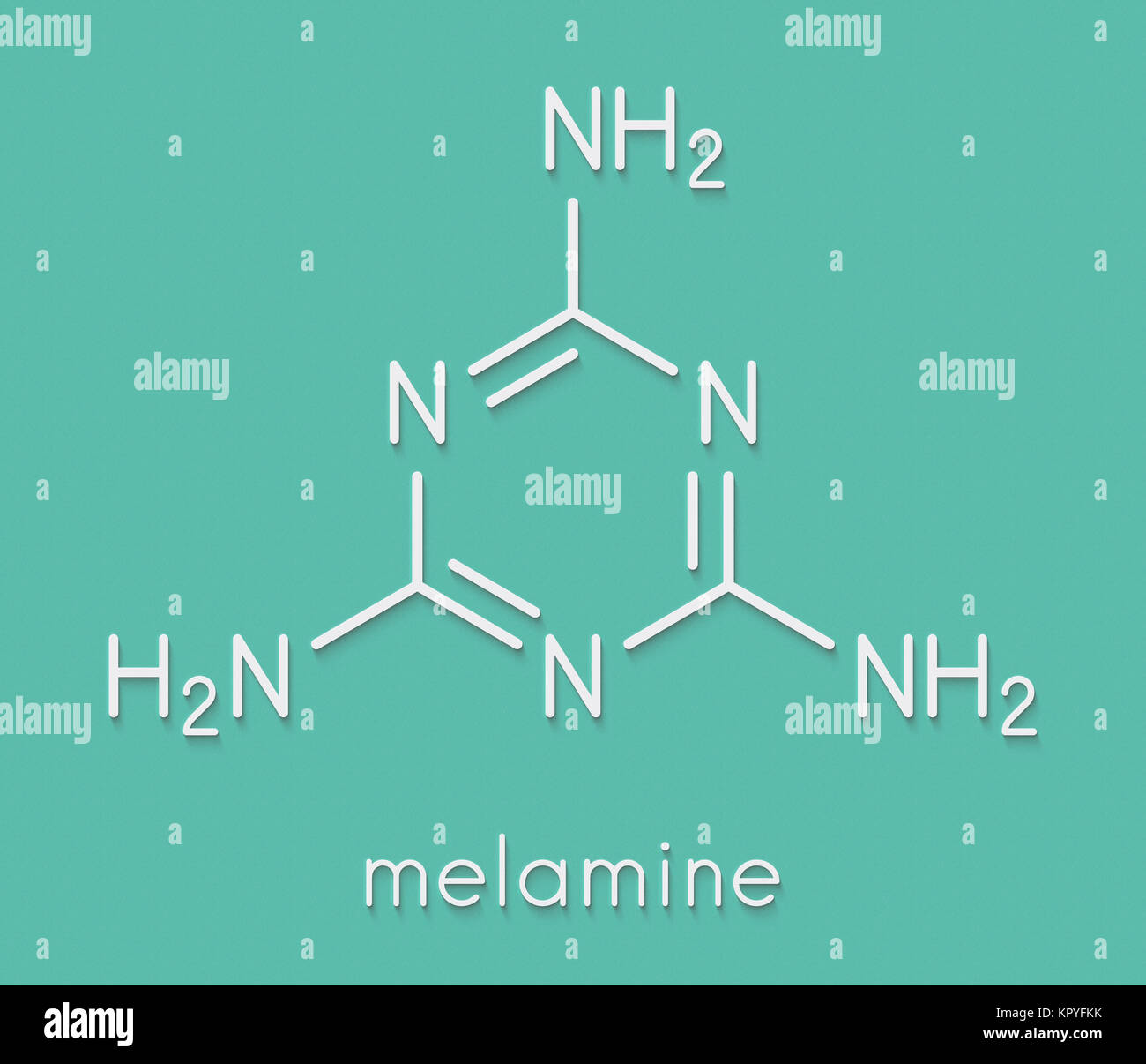 Melamine molecule. Used in protein adulteration, e.g. in milk powder. Skeletal formula. Stock Photo