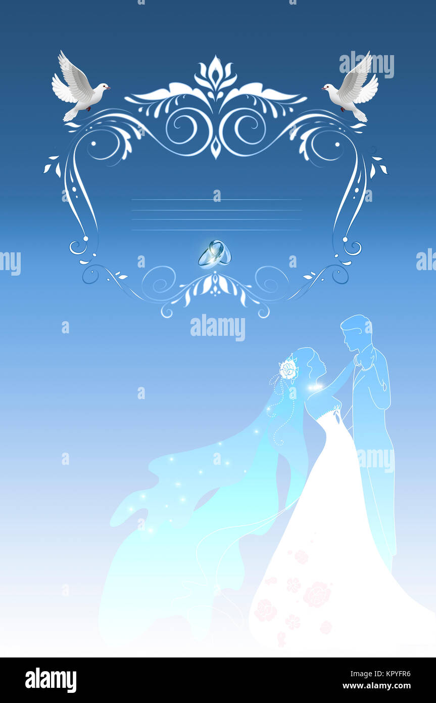 Wedding background with decorative frame,silhouette couple and wedding  rings Stock Photo - Alamy
