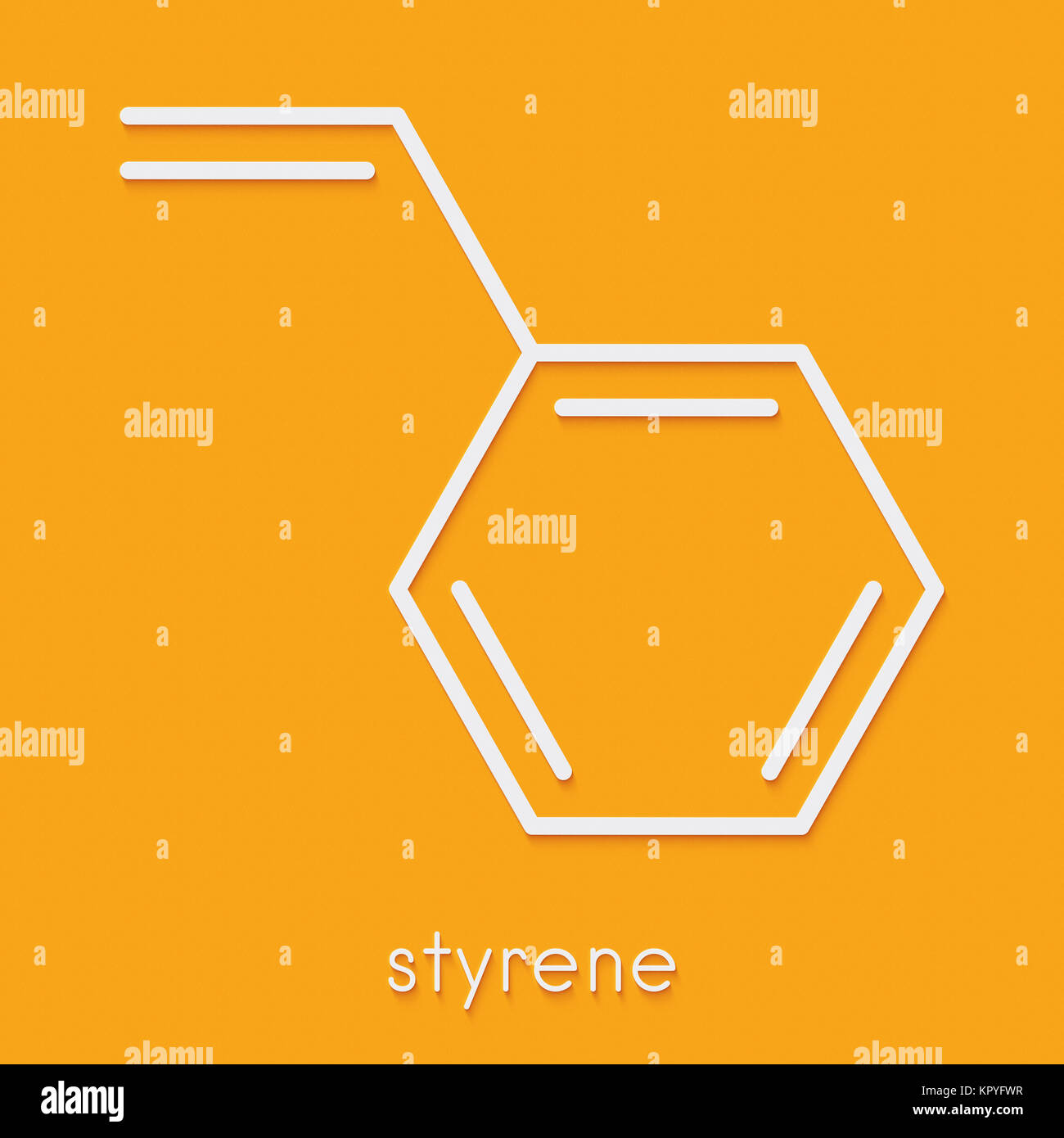 Styrene (ethenylbenzene, vinylbenzene, phenylethene) polystyrene building block molecule. Skeletal formula. Stock Photo