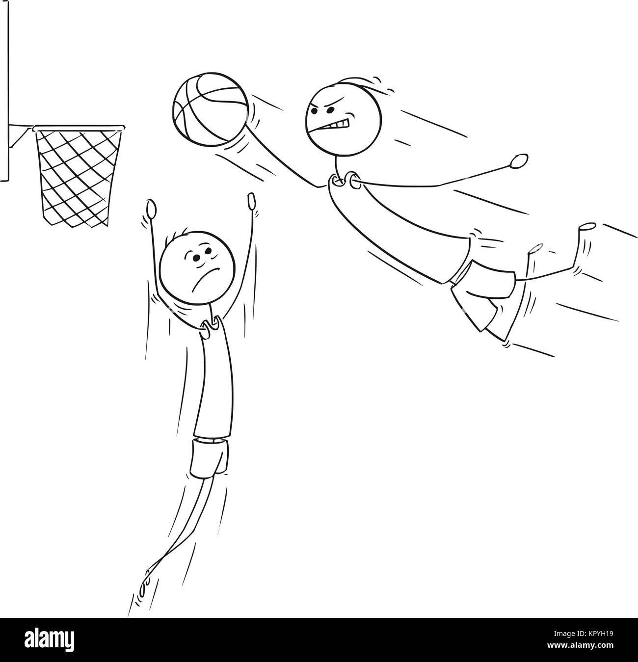 Cartoon stick man drawing illustration of basketball player jumping and  scoring goal Stock Vector Image & Art - Alamy