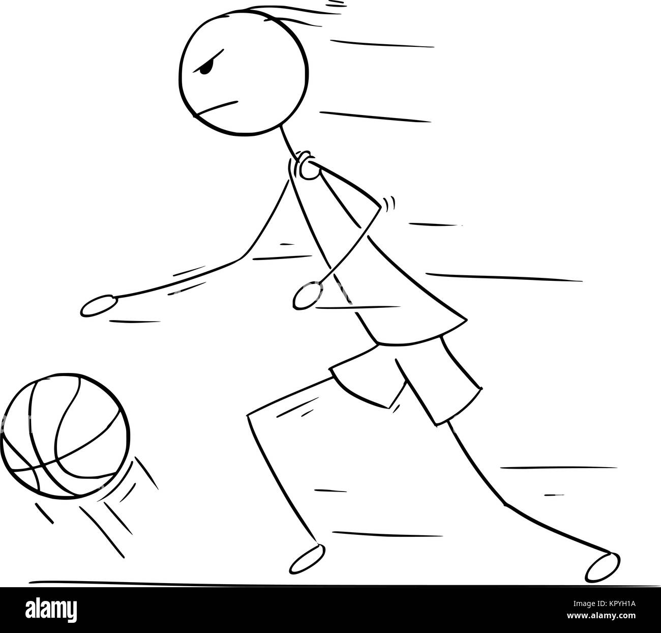 Cartoon stick man drawing illustration of basketball player running and dribbling with ball. Stock Vector