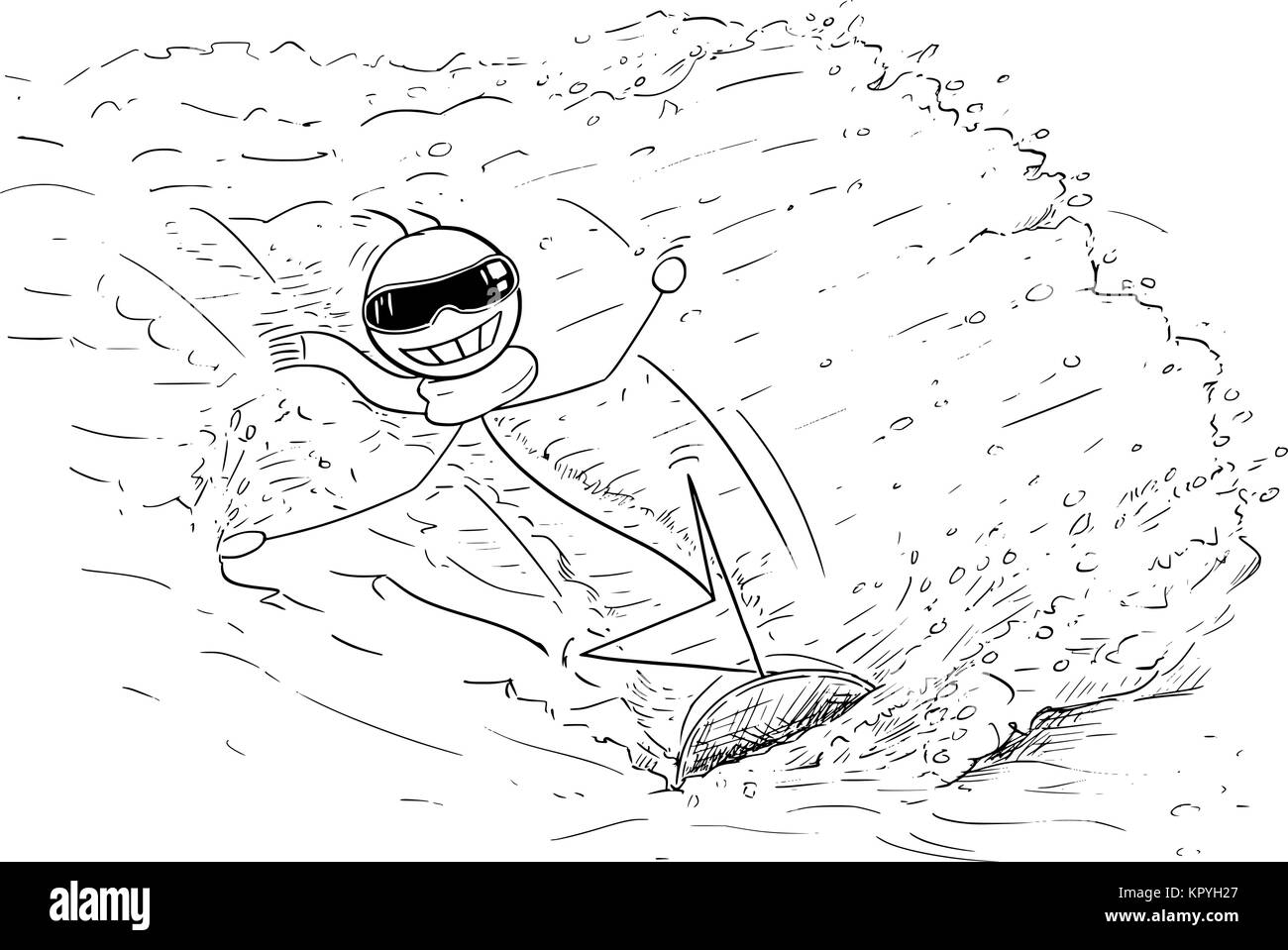 Cartoon stick man drawing illustration of man snowboarding on snowboard. Stock Vector