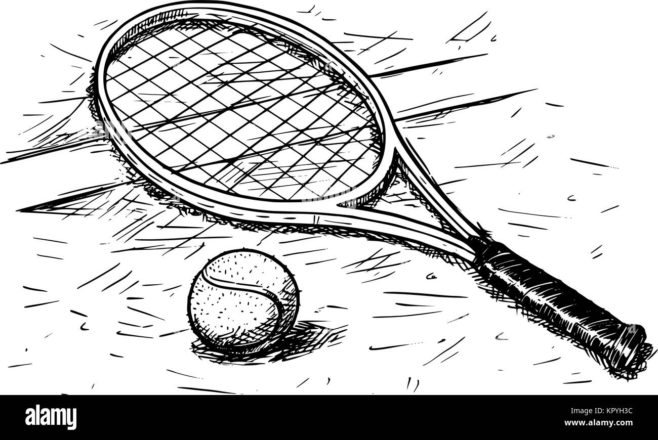 Vector hand drawing drawn illustration of tennis racket and ball on the court ground. Stock Vector