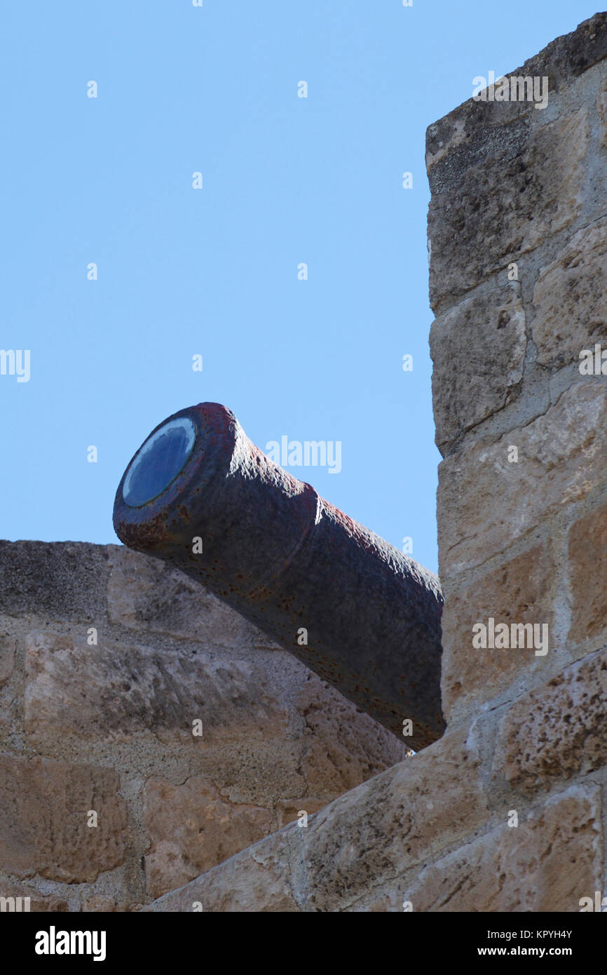 Ancient cannons of defense weapons in the old fortress, the island of