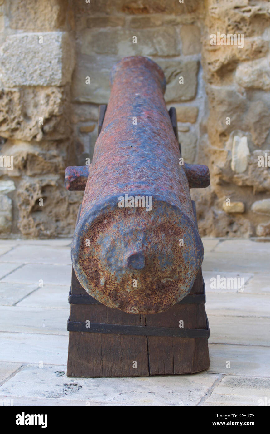 Ancient cannons of defense weapons in the old fortress, the island of