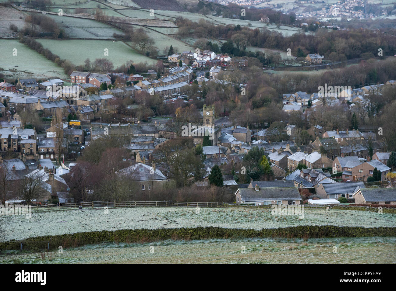 The village of Hayfield in Derbyshire, England on a cold winter morning. Stock Photo