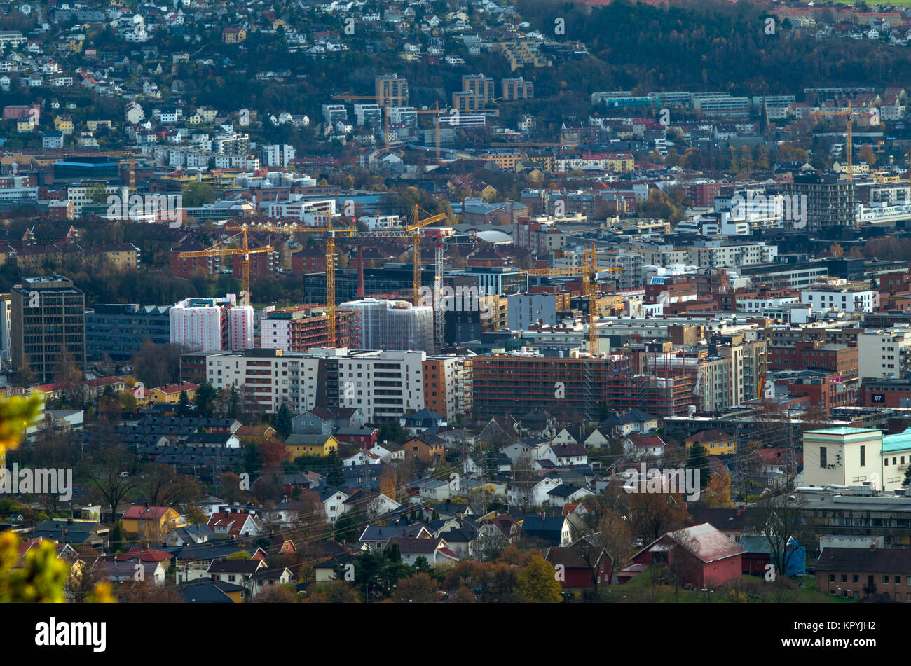 General, long distance, aerial view of Loren, fast growing residential part of Oslo, full of new real estate  investition, building sites and cranes. Stock Photo