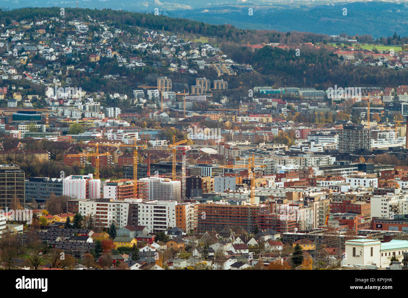 General, long distance, aerial view of Loren, fast growing residential part of Oslo, full of new real estate  investition, building sites and cranes. Stock Photo