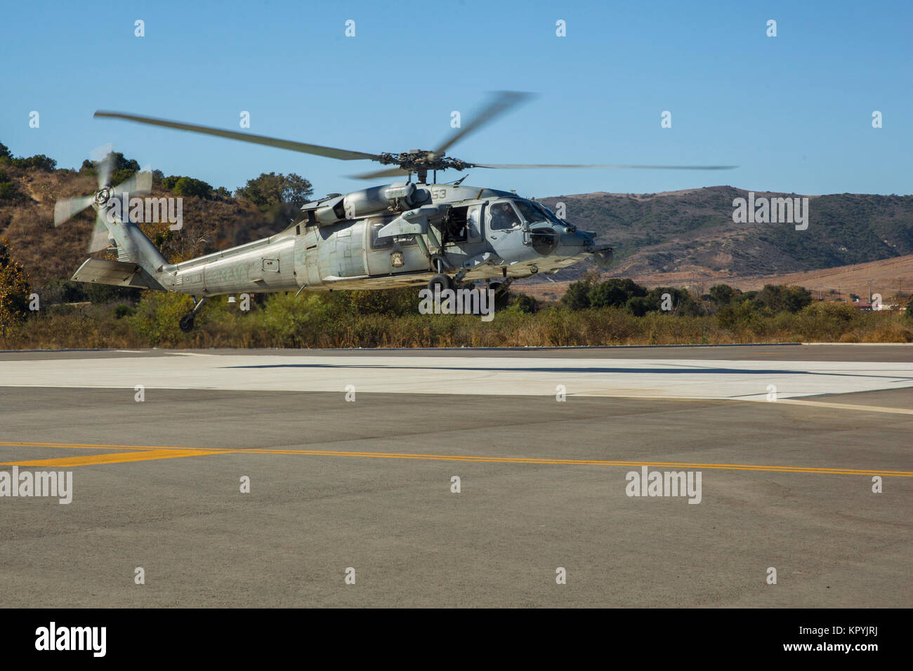 A SH-60 Seahawk takes off during a training exercise for the Advanced Infantry Unit Leaders Course aboard Camp Pendleton, Calif., Dec. 13, 2017. The training is intended for noncommissioned officers and staff noncommissioned officers to gain additional experience in advanced infantry skills, and to increase their levels of responsibility within the infantry battalion. During the 11 weeks of training, the Marines are instructed fire-support planning, combat orders, and company-level offensive and defensive patrolling operations. (U.S. Marine Corps Stock Photo