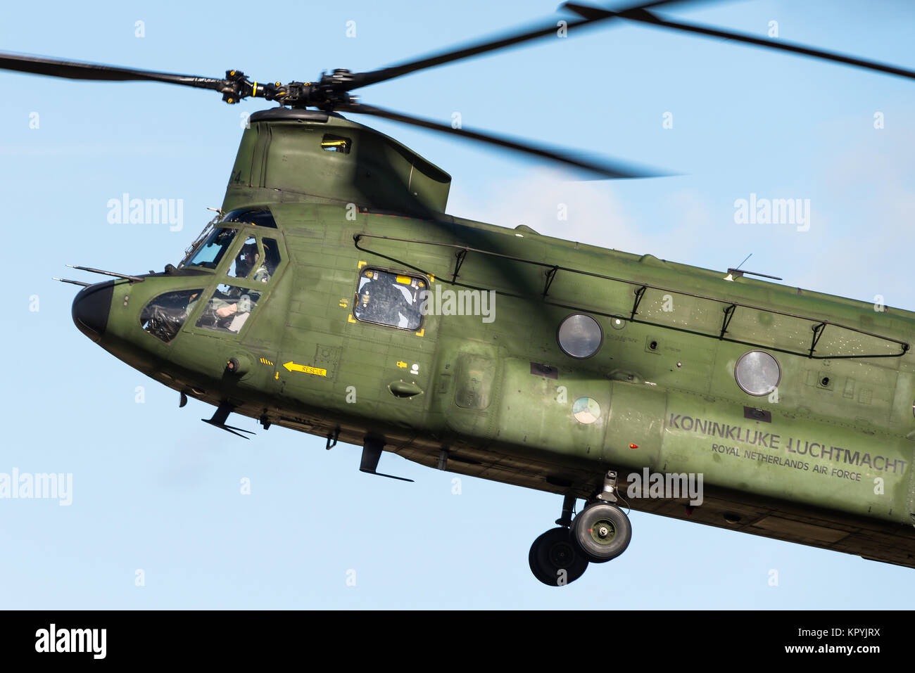 A Boeing CH-47 Chinook military transport helicopter of the Royal Netherlands Air Force. Stock Photo