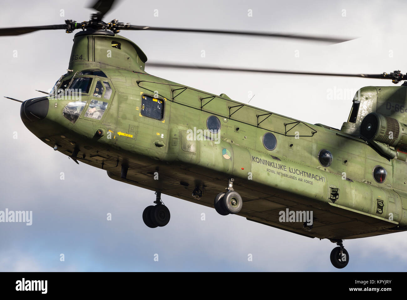 A Boeing CH-47 Chinook military transport helicopter of the Royal Netherlands Air Force. Stock Photo