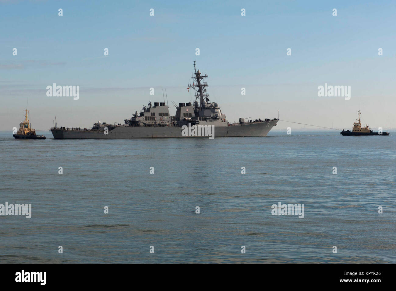 LISBON, Portugal (Dec. 13, 2017) The Arleigh Burke-class guided-missile destroyer USS Ross (DDG 71) departs Lisbon, Portugal, Dec. 13, 2017. Ross, forward-deployed to Rota, Spain, was in Lisbon to participate in celebrations commemorating the Portuguese Navy’s 700th anniversary. (U.S. Navy Stock Photo