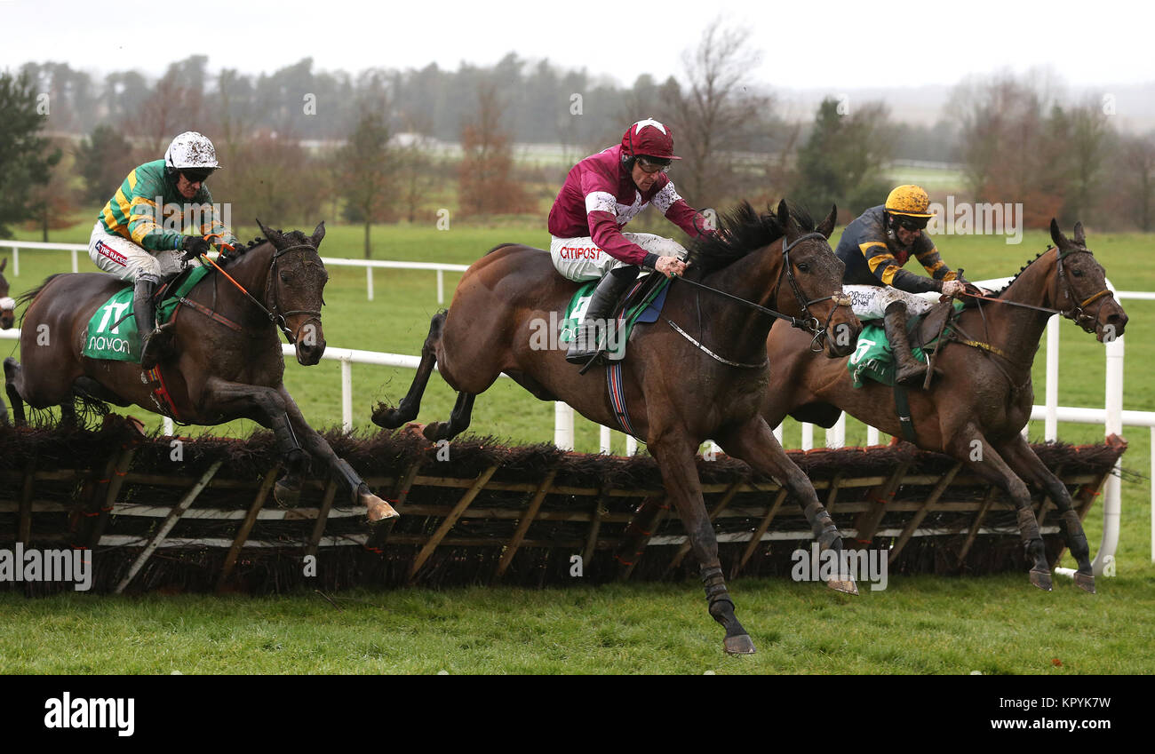 Gran Geste ridden by Barry Geraghty (left) clears the last on the way to winning the Irish Stallion Owners EBF Maiden Hurdle at Navan Racecourse, County Meath, Ireland. Stock Photo