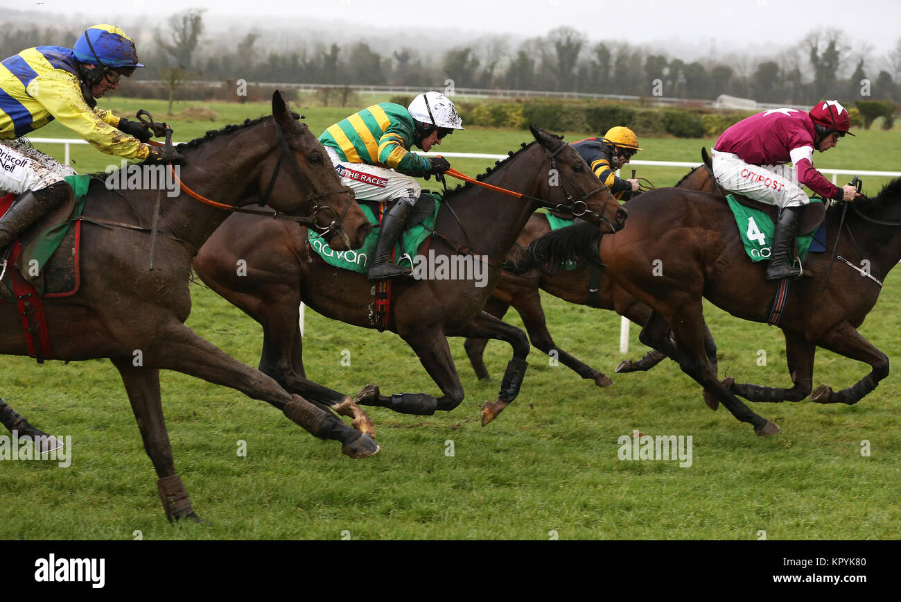 Gran Geste ridden by Barry Geraghty (centre) races clear of the last on the way to winning the Irish Stallion Owners EBF Maiden Hurdle at Navan Racecourse, County Meath, Ireland. Stock Photo