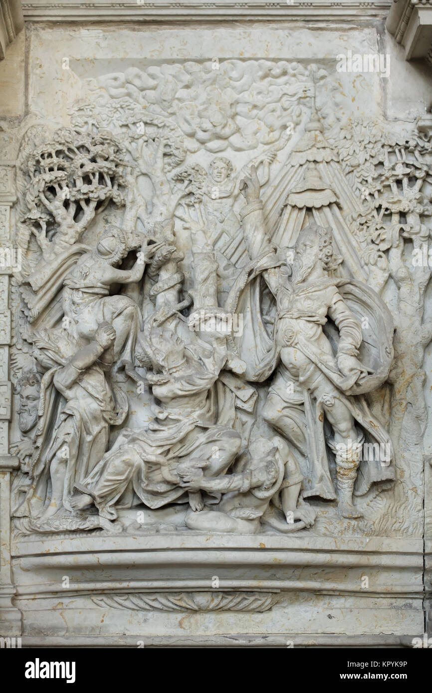 Moses and the Brazen Serpent. Renaissance relief on the Schulenburg Epitaph in the Magdeburg Cathedral in Magdeburg, Saxony-Anhalt, Germany. The Schulenburg Epitaph was carved by German sculptor Hans Klintzsch between 1593 and 1595 as the funeral monument to Levin von der Schulenburg and his wife Fredeke von Alvensleben. Stock Photo