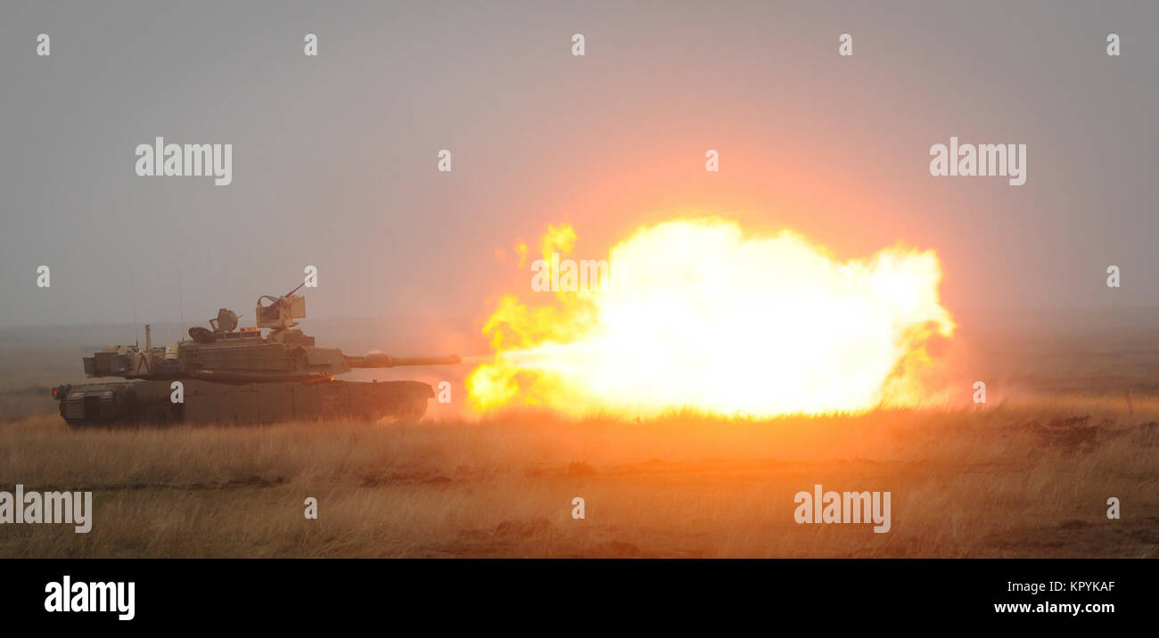 An M1A2 Abrams tank from 1st Battalion, 18th Infantry Regiment, 2nd Armored Brigade Combat Team, 1st Infantry Division, Fort Riley, Kansas, conducts live-fire training Dec. 14, 2017 at Smardan Training Area, in Smardan, Romania. The training was conducted with Romanian army partners and was the capstone for the two-week training event called Danube Fury. (U.S. Army Stock Photo