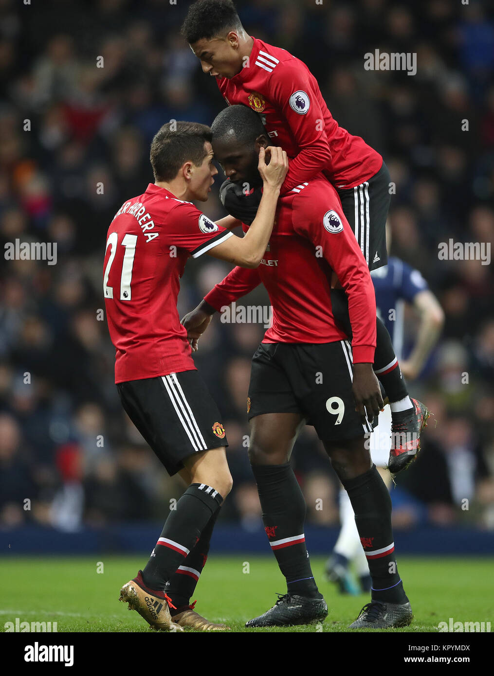 Manchester United's Romelu Lukaku (9) with a muted celebration after scoring his side's first goal of the game during the Premier League match at The Hawthorns, West Bromwich. Stock Photo