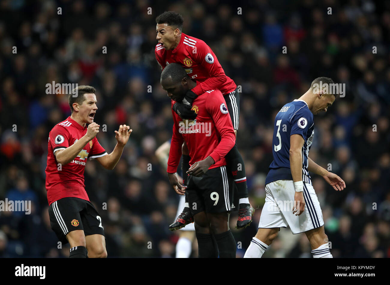 Manchester United's Romelu Lukaku (9) with a muted celebration after scoring his side's first goal of the game during the Premier League match at The Hawthorns, West Bromwich. Stock Photo