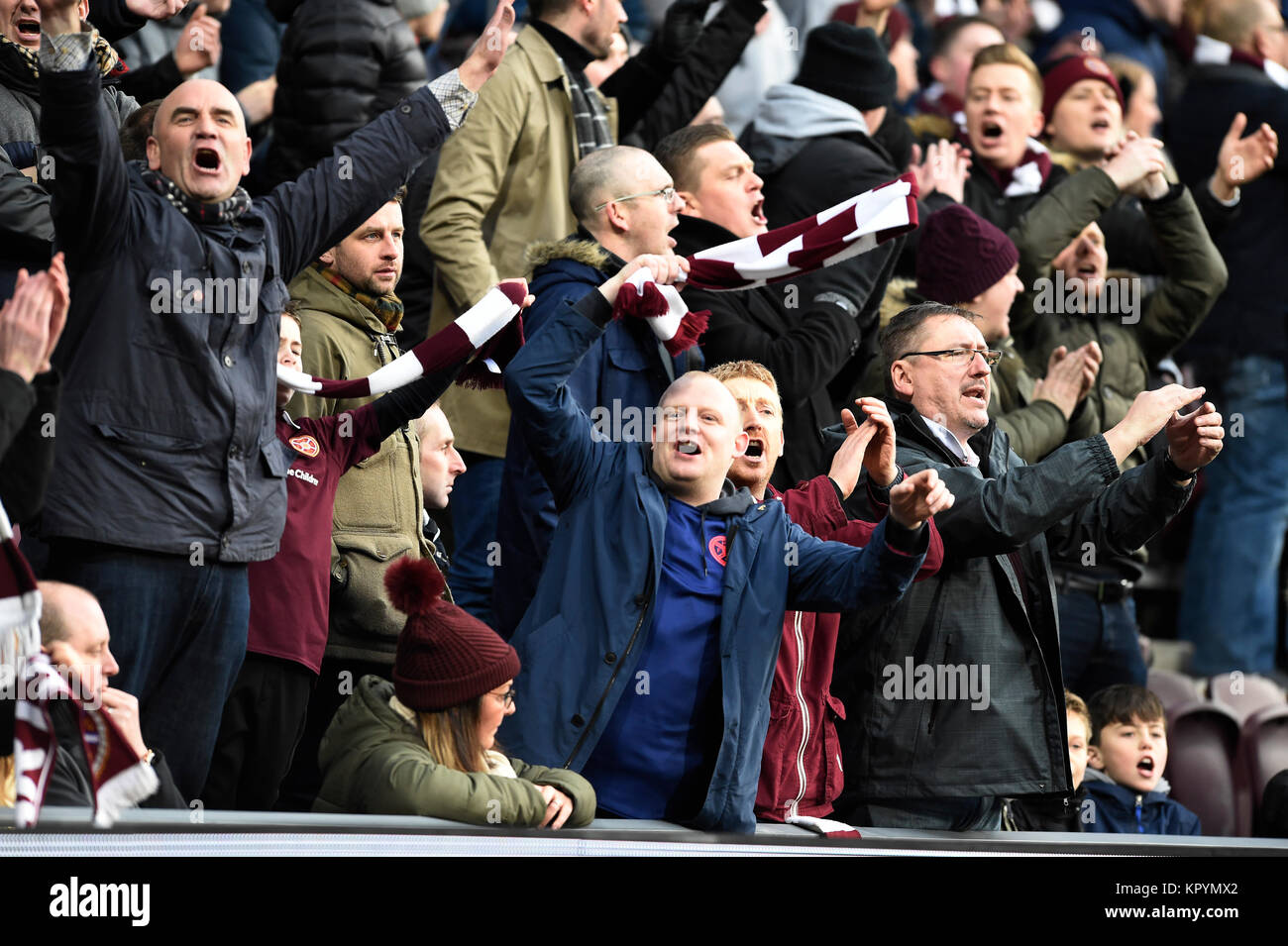 Hearts fans celebrate during the Ladbrokes Scottish Premiership match at Tynecastle Stadium, Edinburgh. Stock Photo
