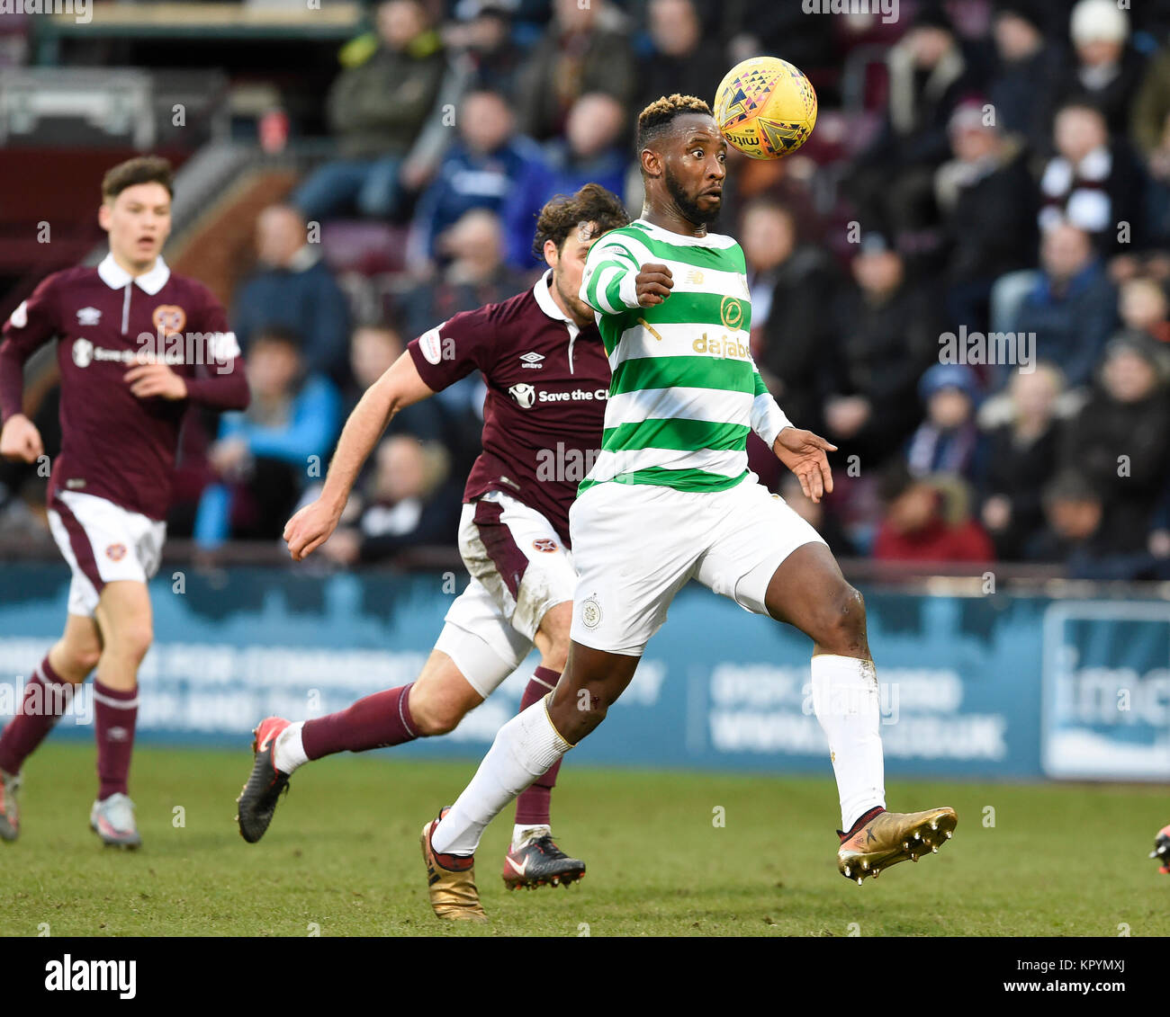 CelticÕs Moussa Dembele in possession during the Ladbrokes Scottish Premiership match at Tynecastle Stadium, Edinburgh. Stock Photo
