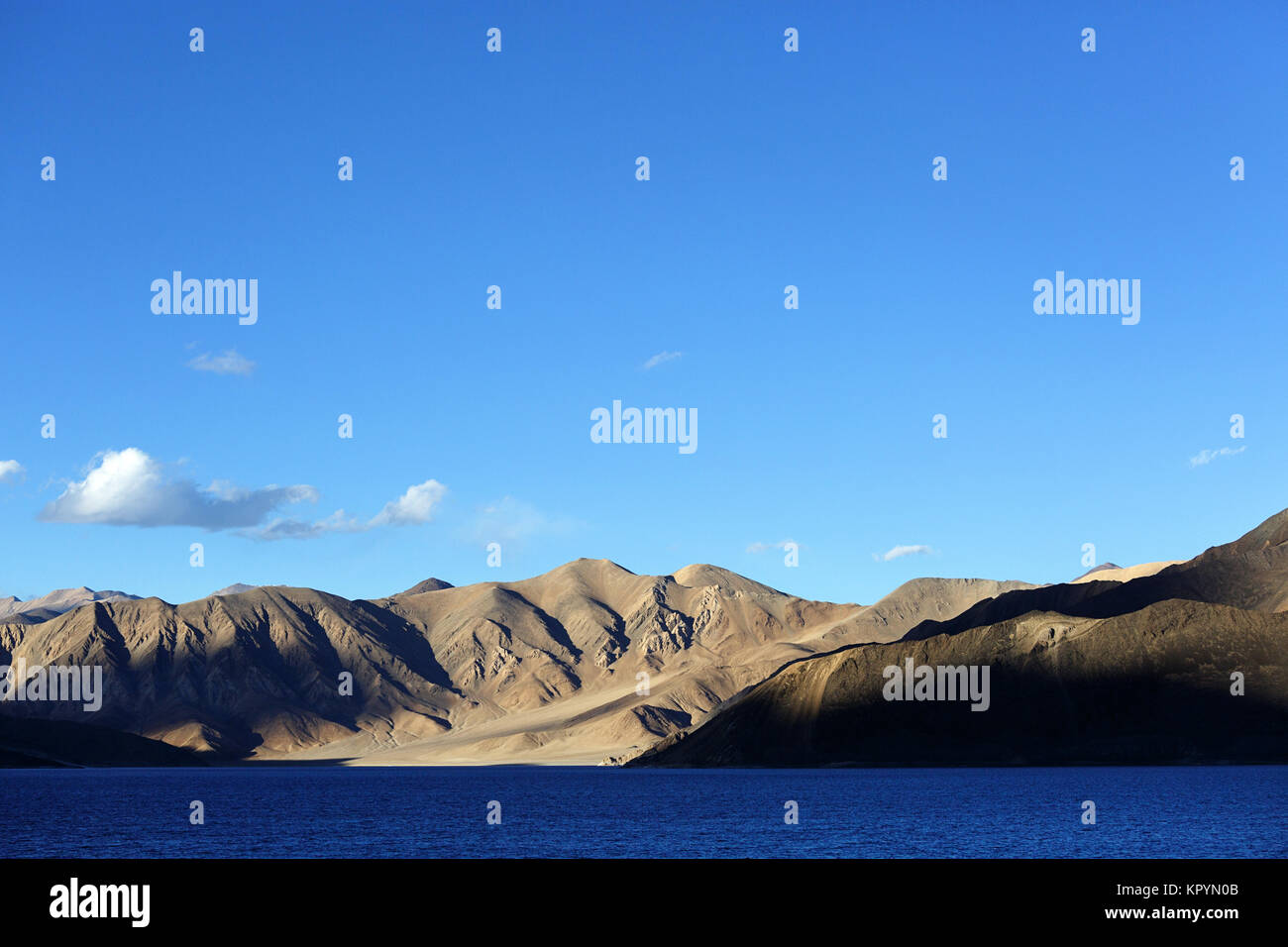Barren landscape and the himalayan mountains by the blue lake of Pangong Tso, Ladakh, Jammu and Kashmir, India. Stock Photo