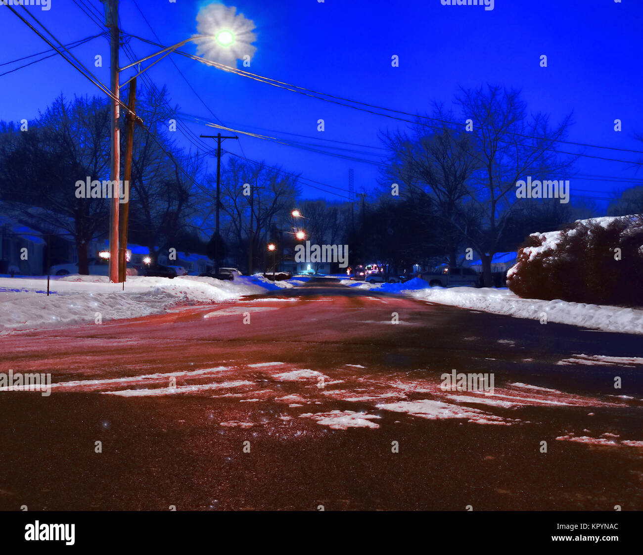 Residential Neighborhood At Night In Winter Stock Photo Alamy