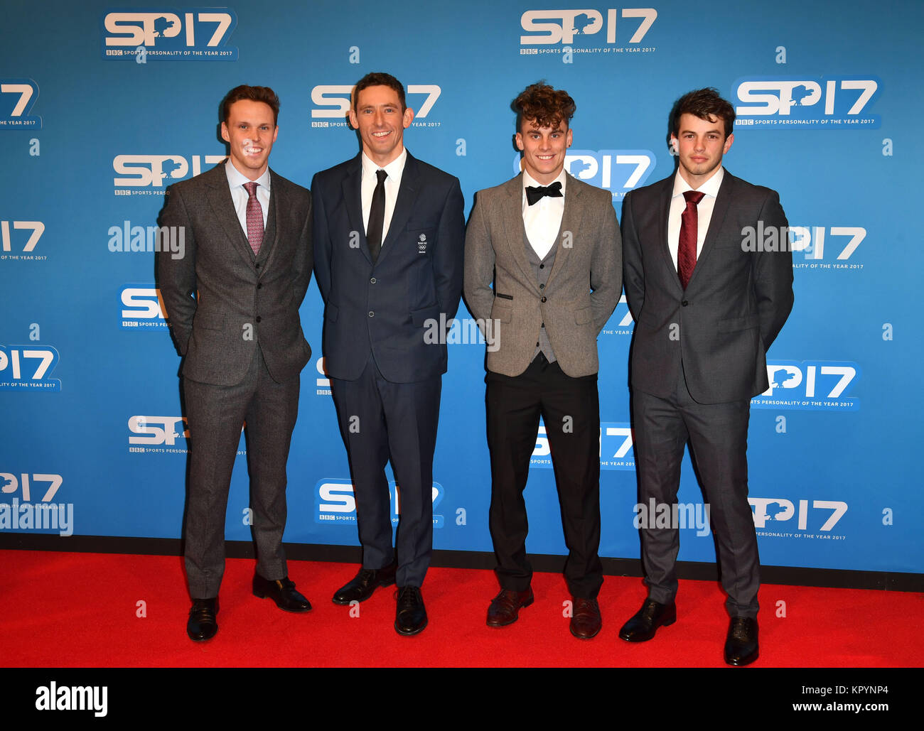 Team GB Canoeists Adam Burgess (second right), Joseph Clarke (left), David Florence (second left), and Ryan Westley (right) during the red carpet arrivals for BBC Sports Personality of the Year 2017 at the Liverpool Echo Arena. Stock Photo