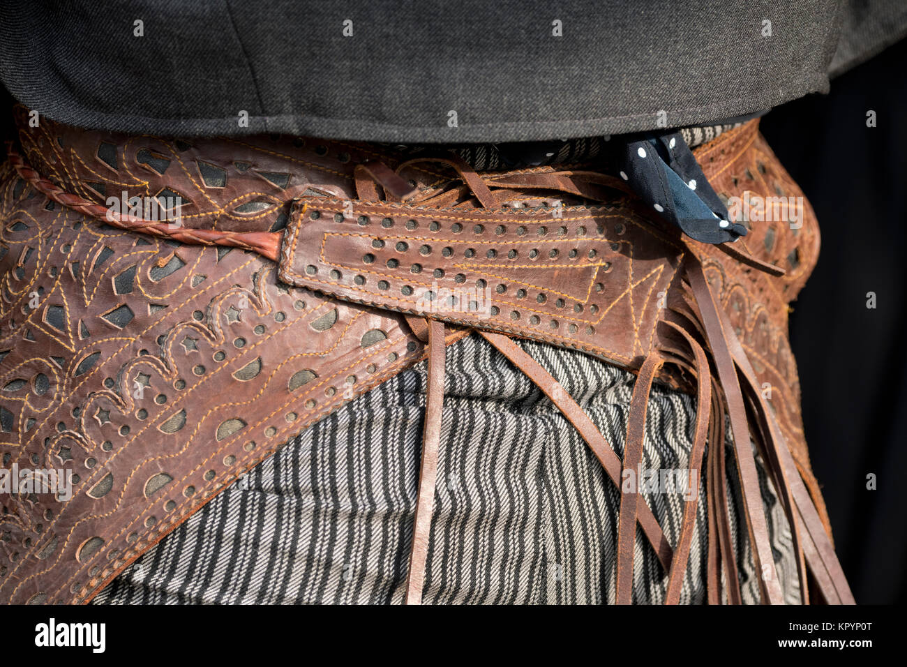 Central America, Costa Rica, Alajuela Province, Rancho San Miguel. Traditional Andalusian horse show with rider in typical Spanish attire. Detail of l Stock Photo