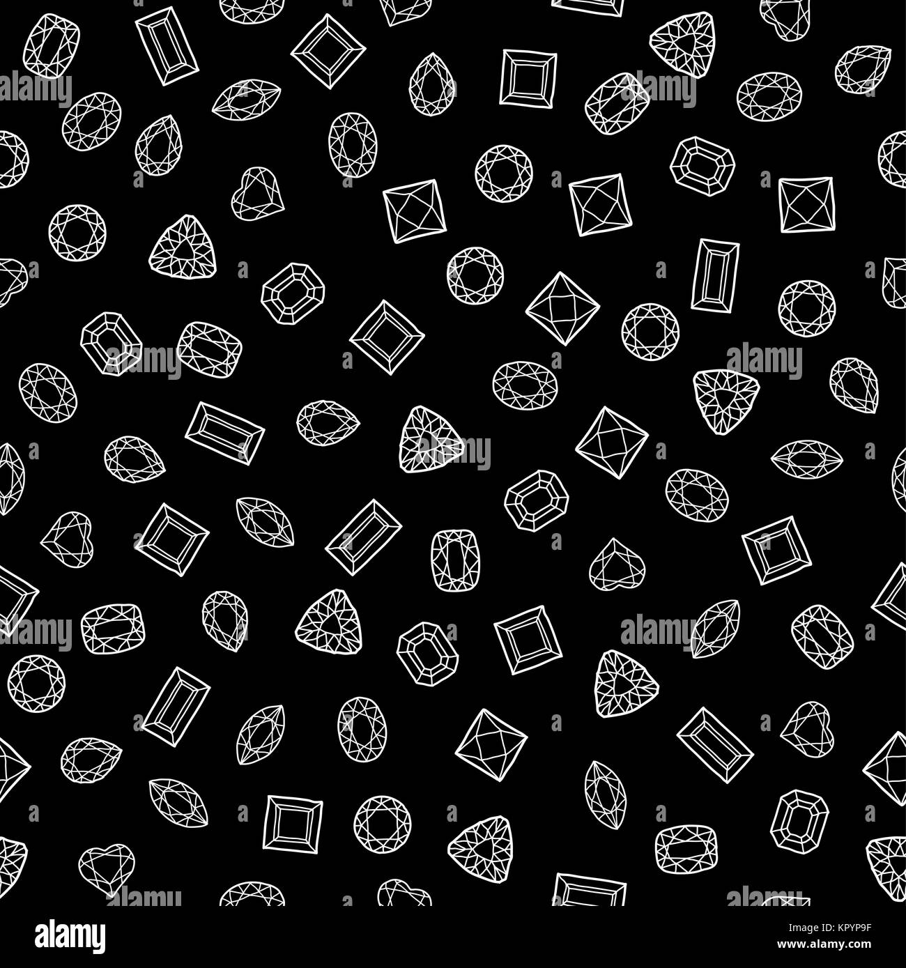 Diamond cut shapes. Seamless pattern. Heart, drop, emerald, oval, round and other diamond cut shapes. Abstract hand drawn pattern with gemstones. Blac Stock Vector