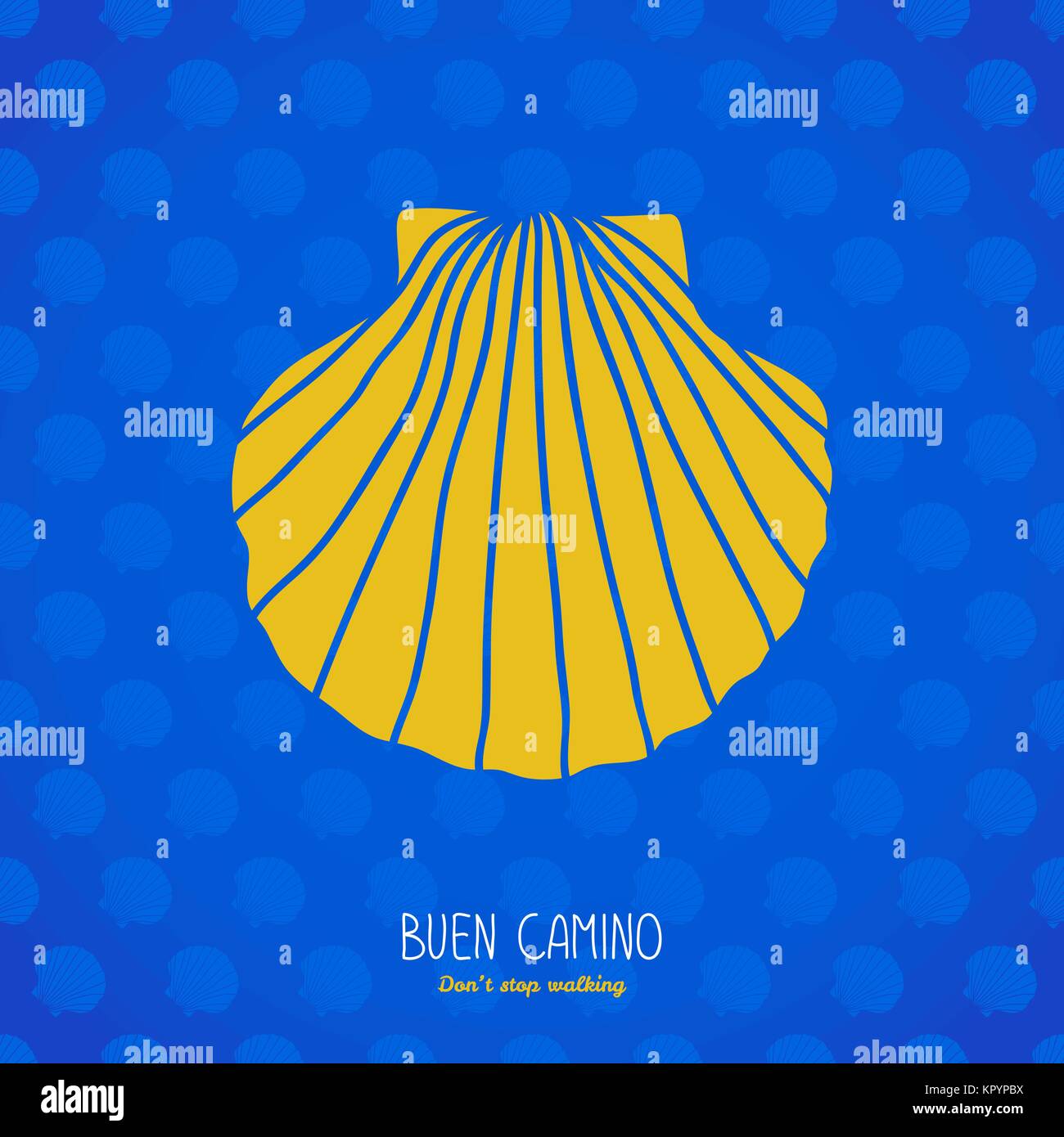 Buen Camino! Don't stop walking. Postcard or banner. Yellow scallop shell on the blue background. Pilgrim's navigation sign. Symbol of the Camino de S Stock Vector