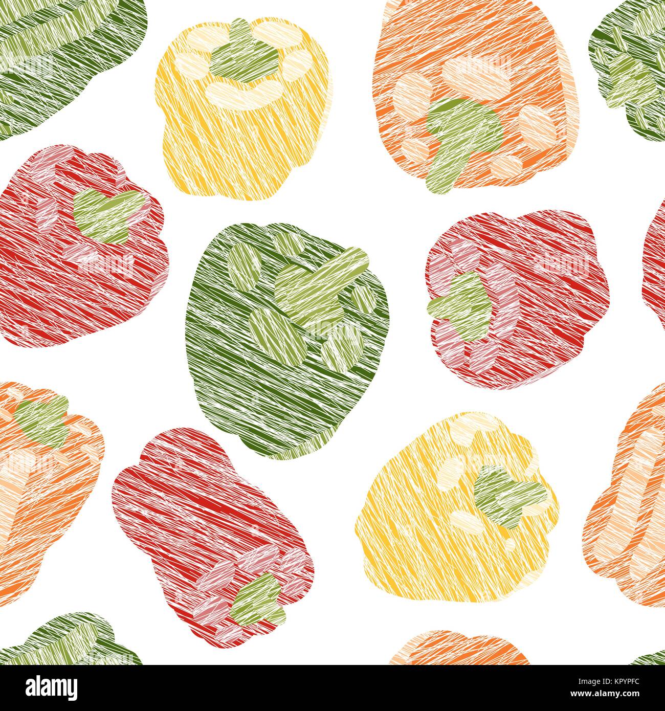 Colorful bell peppers. Seamless pattern. Scratched capsicum texture. Hand drawn vegetables. Healthy lifestyle. Use for wallpaper, pattern fills, web p Stock Vector