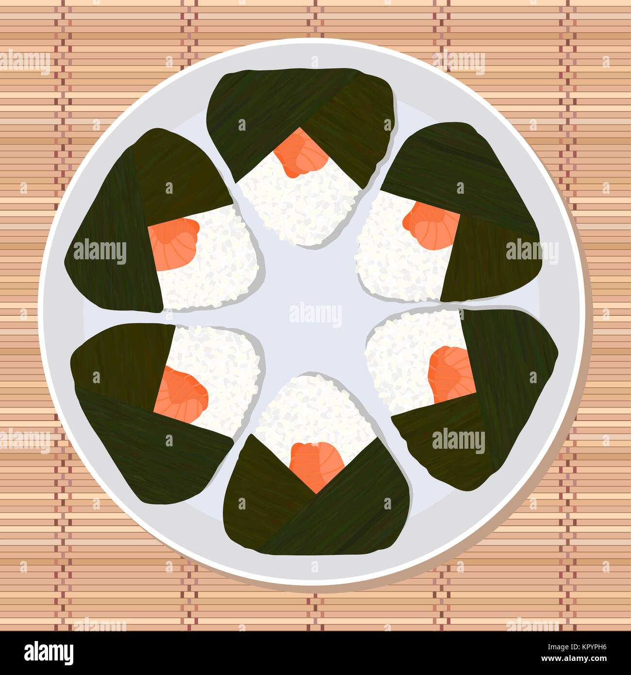Onigiri (japanese rice ball) filled with salmon. Lunch texture. Japanese cuisine. Lunch Illustration. Asian snack plate on the japanese bamboo mat. Stock Vector