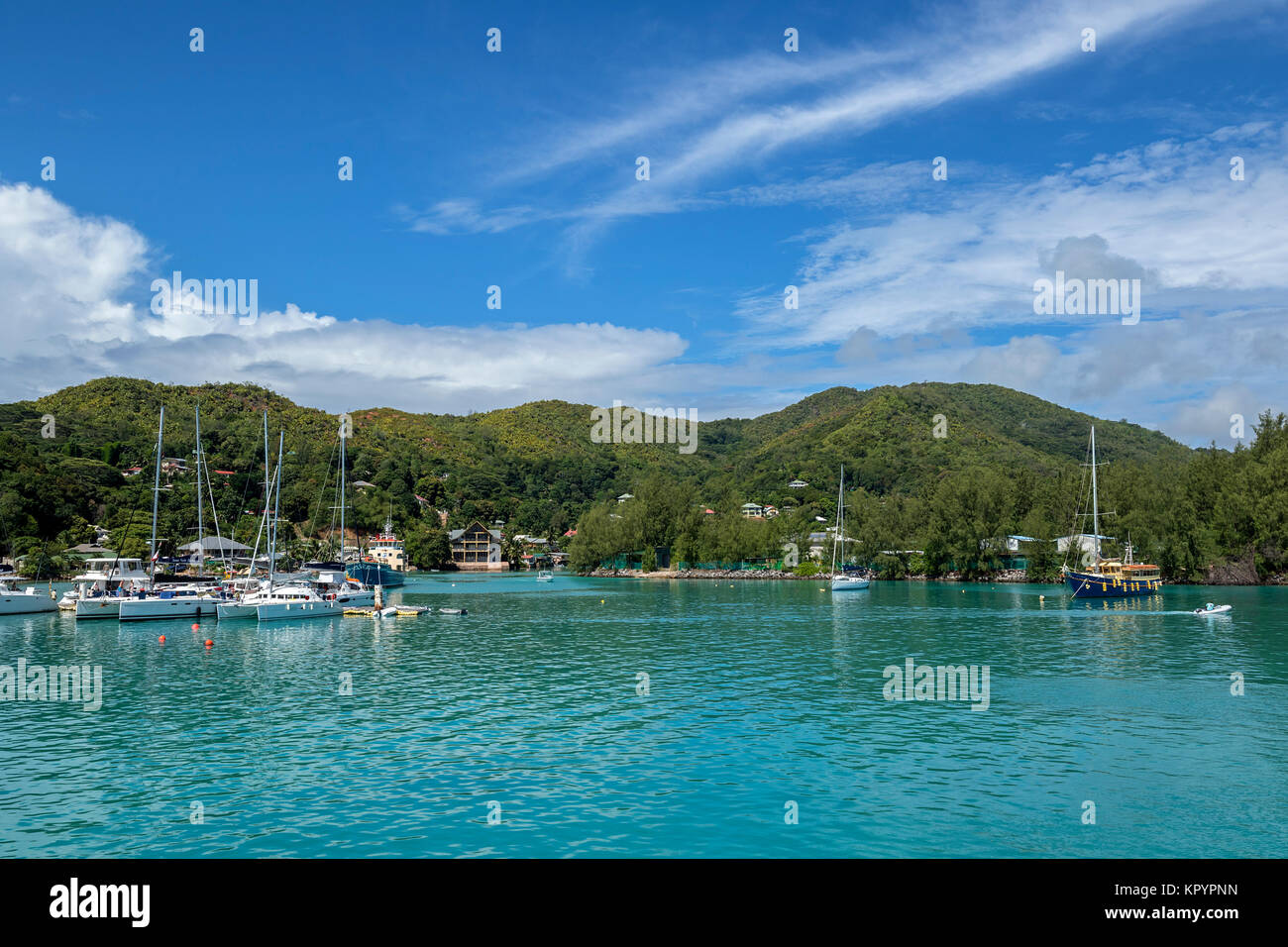 Yachts  in Baie Ste Anne, Praslin Marina Stock Photo