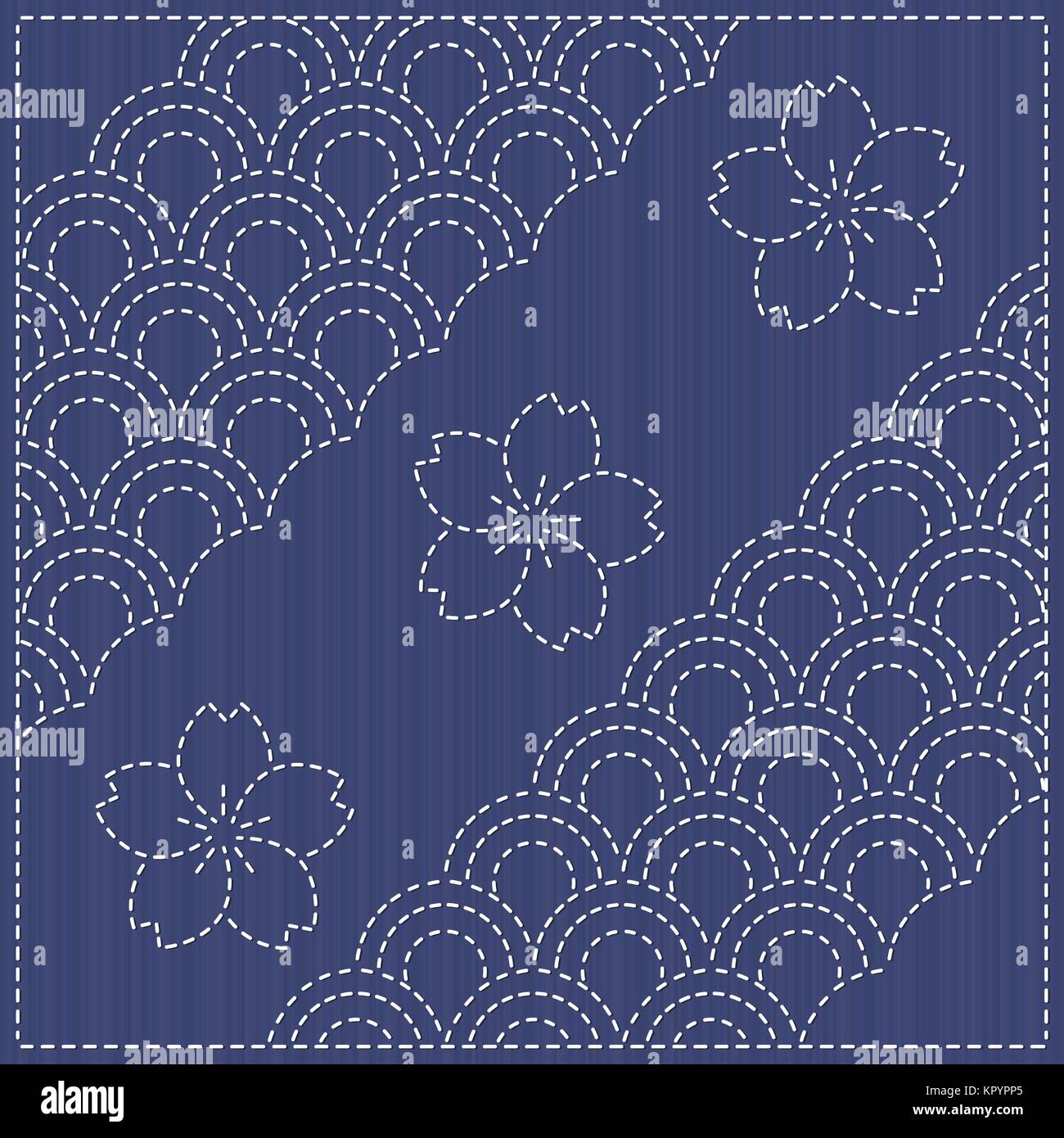 Sashiko motif blooming cherry flowers. Traditional Japanese Embroidery Ornament with blooming