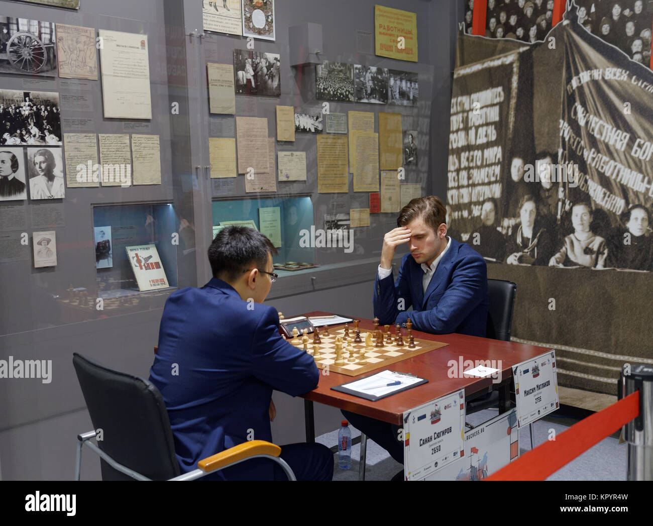 Match Maxim Matlakov (right) vs Sanan Sjugirov during super finals of 70th Russian men's chess championship Stock Photo
