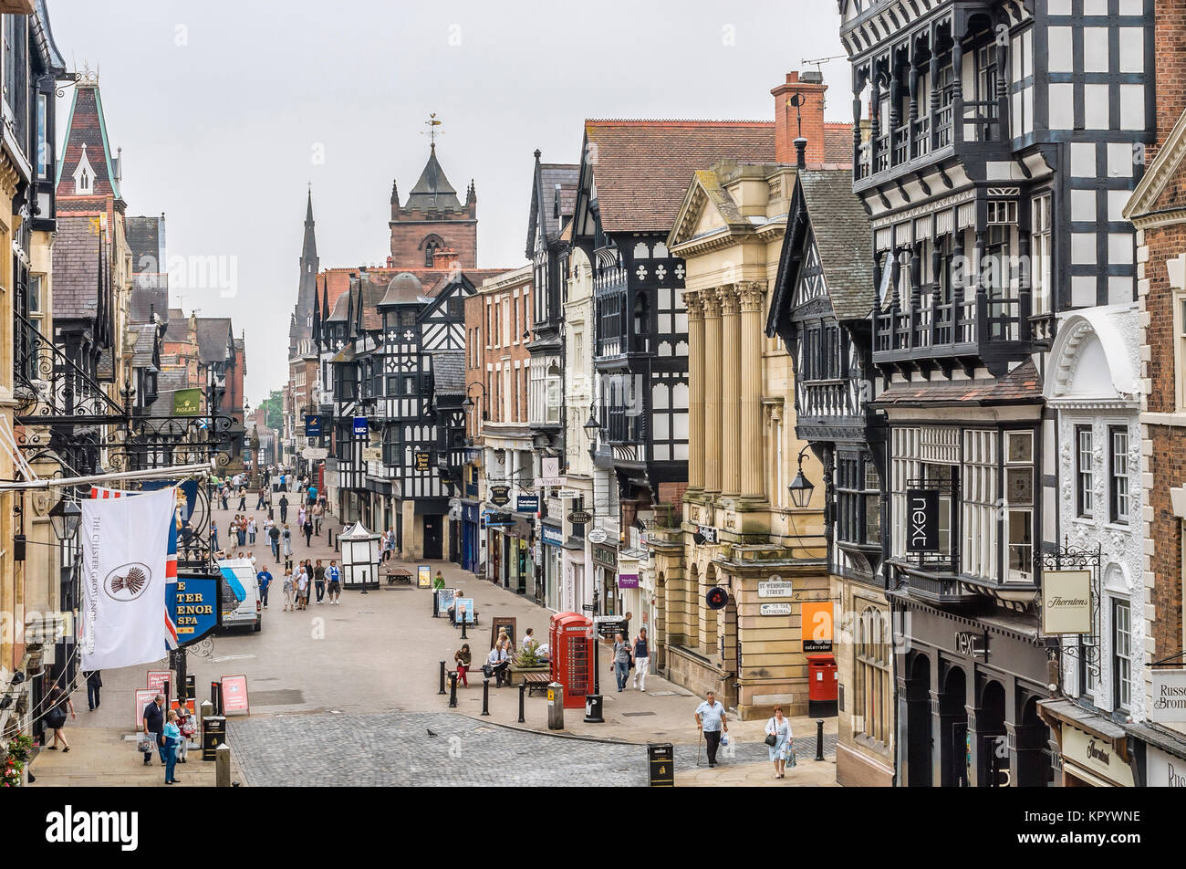 The Chester Rows in city of Chester, Cheshire, England, consist of covered walkways at the first-floor level Stock Photo