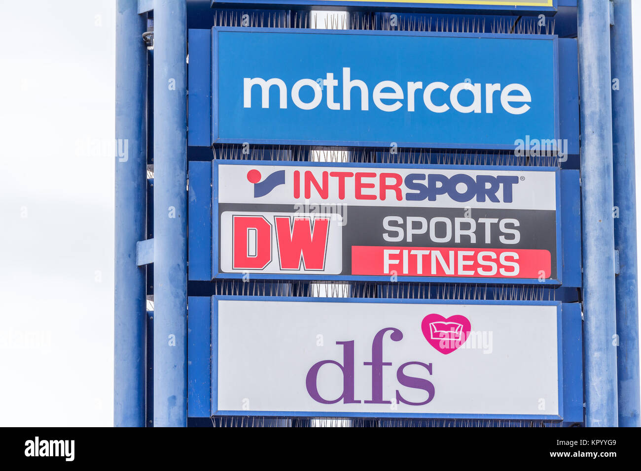 Northampton, UK - Oct 26, 2017: View of Mothercare DFS DW Intersport Logo in Nene Valley Retail Park. Stock Photo