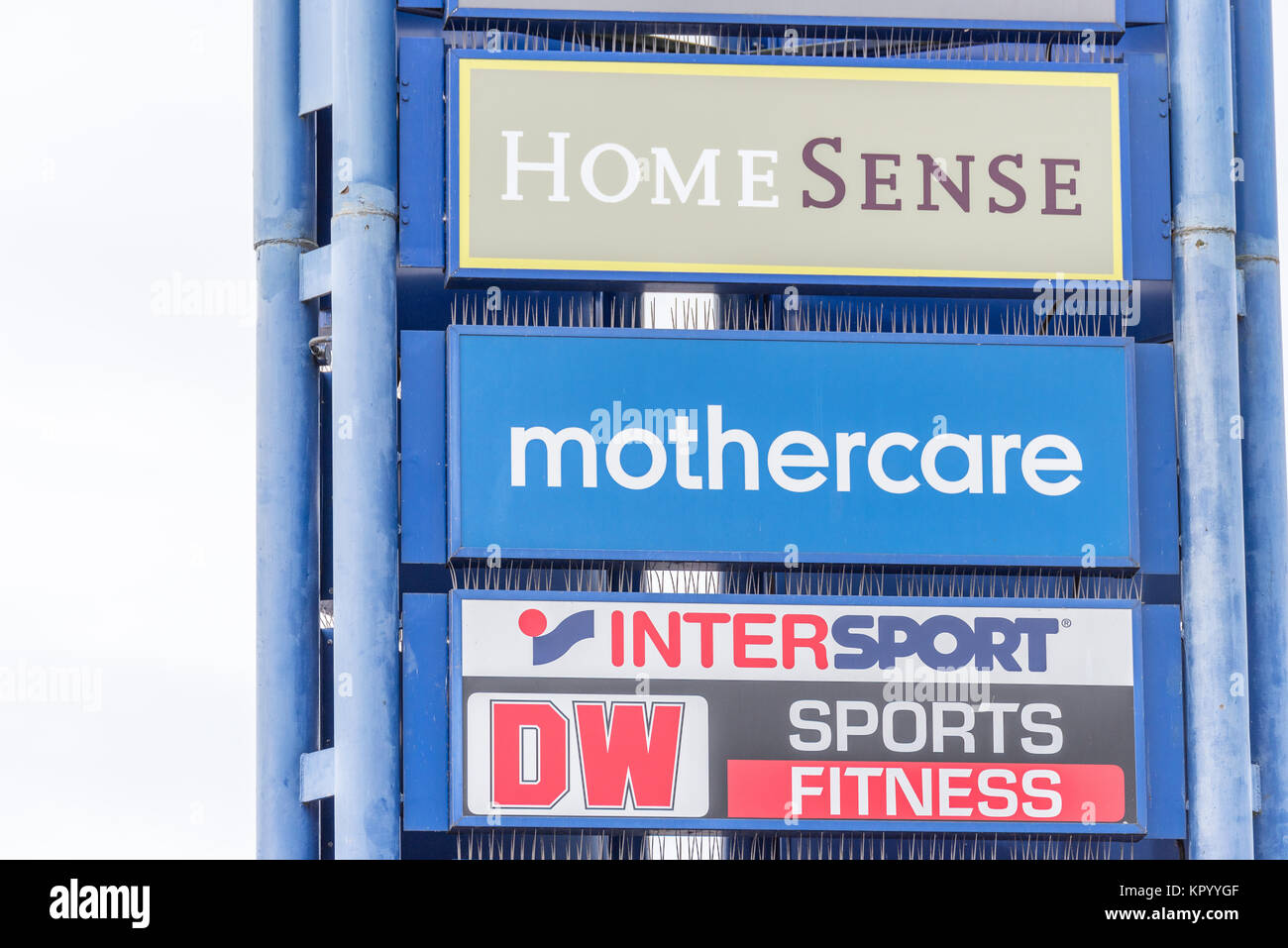 Northampton, UK - Oct 26, 2017: View of Mothercare DW HomeSense Intersport Logo in Nene Valley Retail Park. Stock Photo