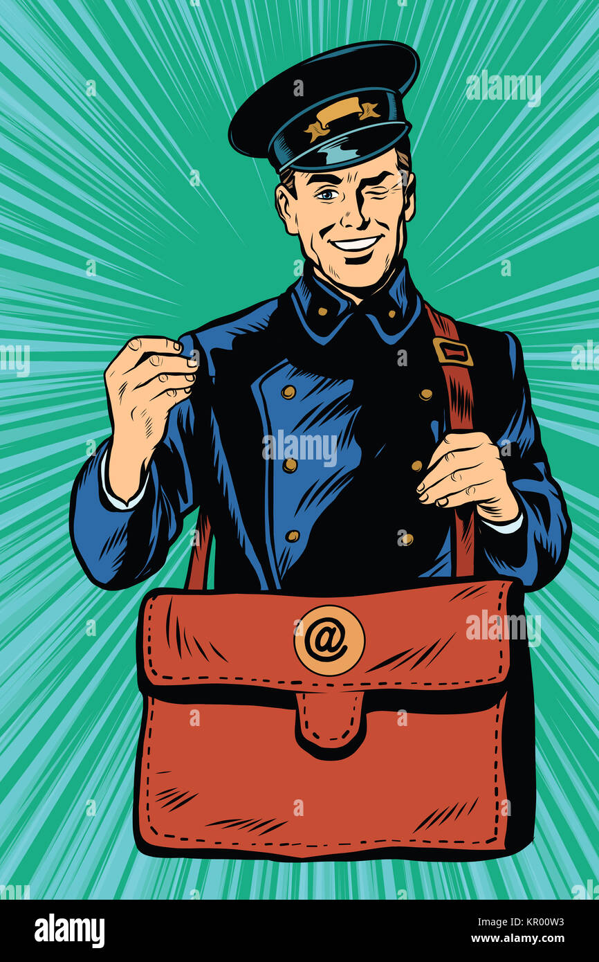 Friendly retro postman in blue uniform with bag Stock Photo Alamy