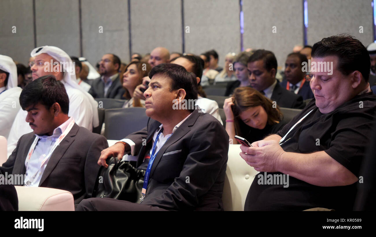 Dubai -MAY 27: people at conference about cryptocurrency and blockchain.  Arabian Travel Market 2017 exhibition in Dubai World Trade center Stock  Photo - Alamy