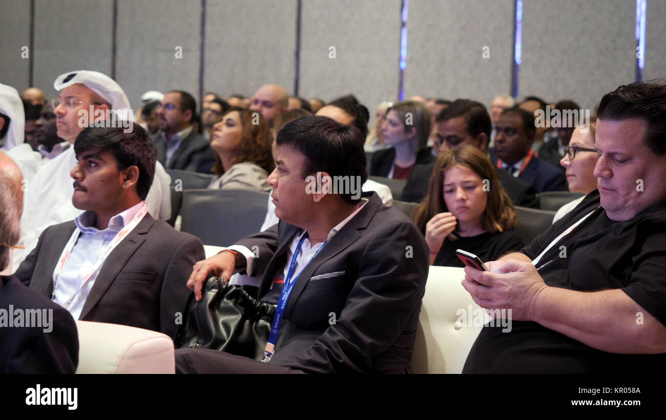 Dubai -MAY 27: people at conference about cryptocurrency and blockchain.  Arabian Travel Market 2017 exhibition in Dubai World Trade center Stock  Photo - Alamy