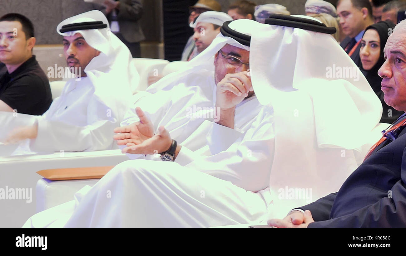 Dubai -MAY 27: people at conference about cryptocurrency and blockchain.  Arabian Travel Market 2017 exhibition in Dubai World Trade center Stock  Photo - Alamy