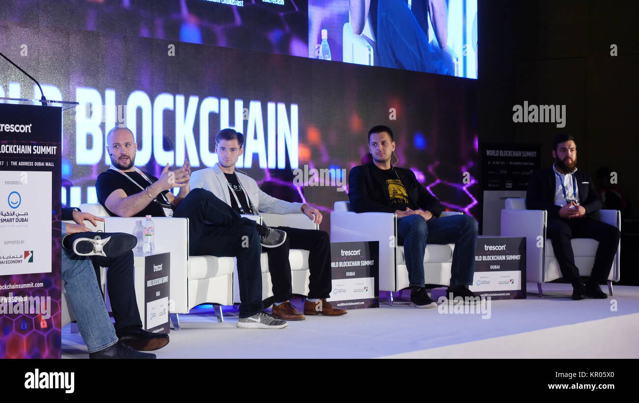 United Arab Emirates Dubai October 2017 World Blockchain Summit Group Of People Attending Conference And Speakers On Stage Conference In Dubai On Blockchain And Cryptocurrency Stock Photo Alamy