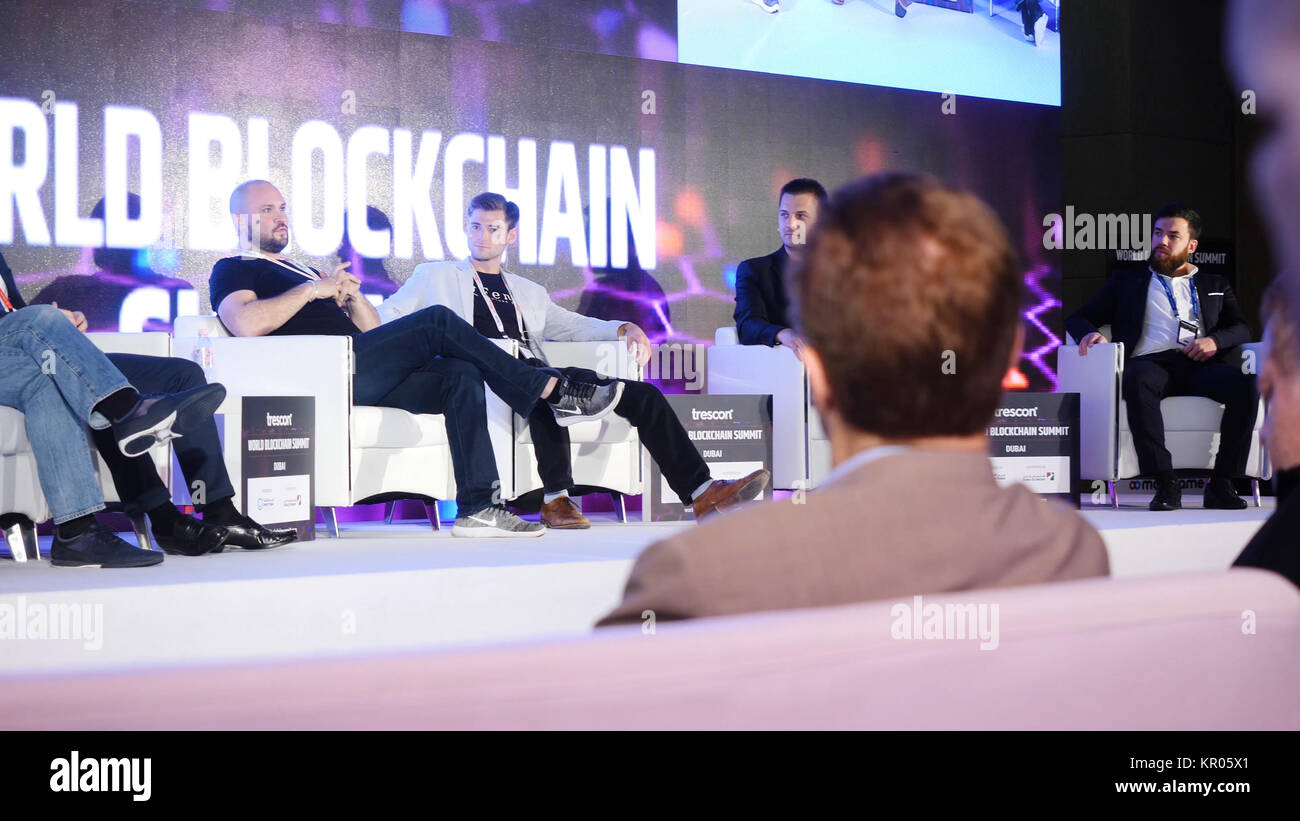 United Arab Emirates, Dubai - October 2017: World Blockchain Summit. Group  of People Attending Conference and Speakers On Stage. Conference in Dubai  on blockchain and cryptocurrency Stock Photo - Alamy