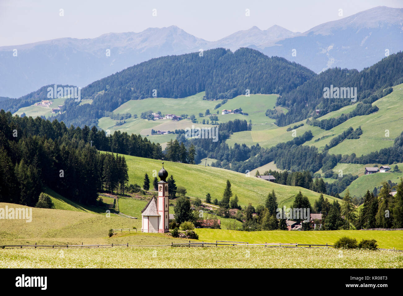 The St. Johann in Ranui chapel in Villnoss (Val di Funes). South Tyrol, northern Italy Stock Photo