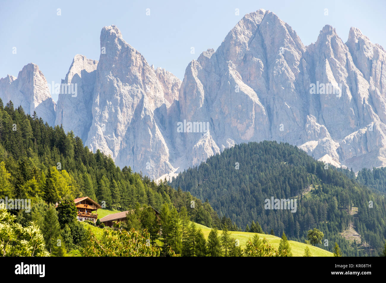 Views of Furchetta and Sass Rigais (3,025 m) along with other mountains of the Geisler group in the northwestern Dolomites, South Tyrol, northern Ital Stock Photo