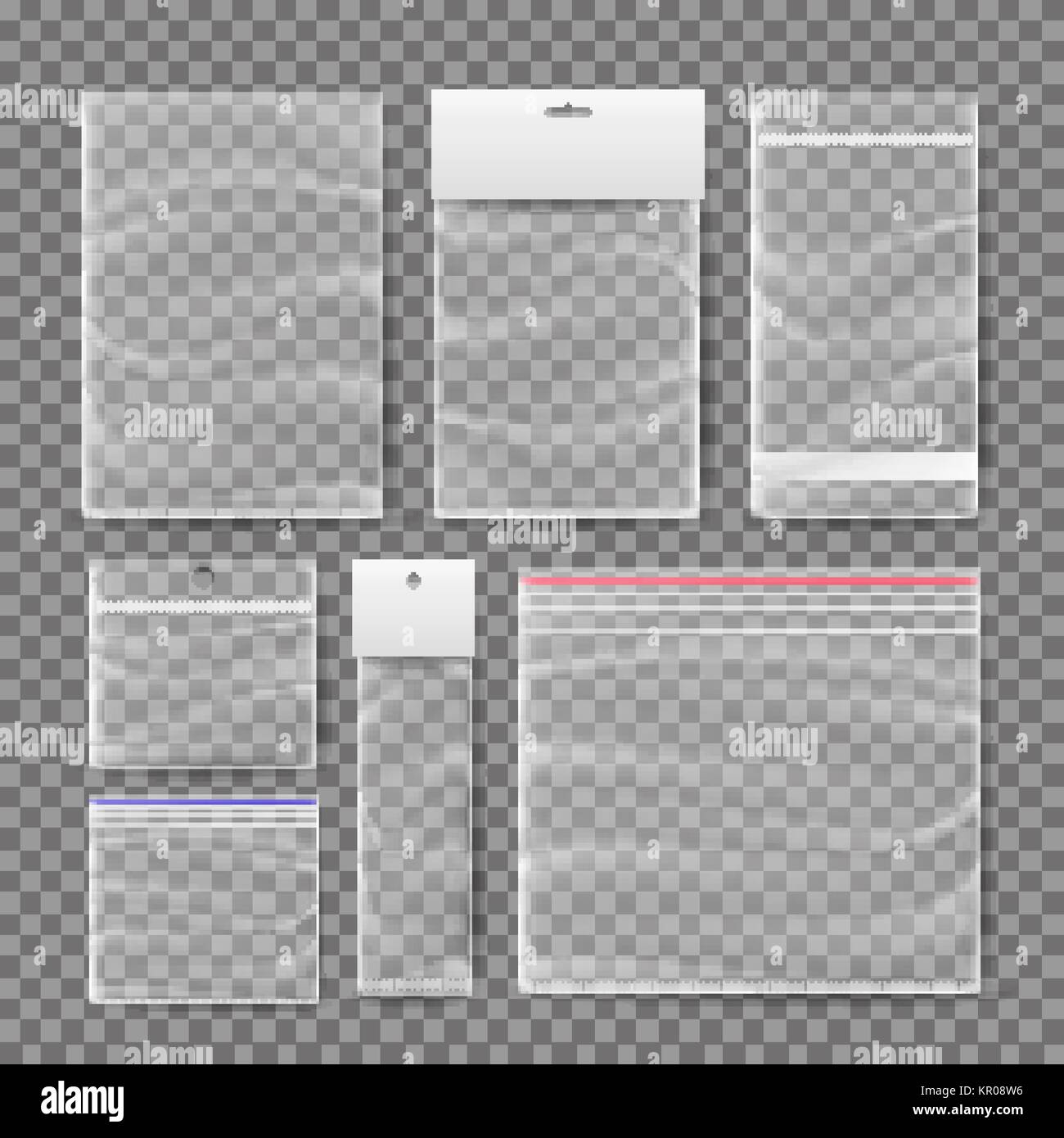 Plastic Pocket Bags Set Vector. Blank Vacuum Zipper Bag. Reclosable