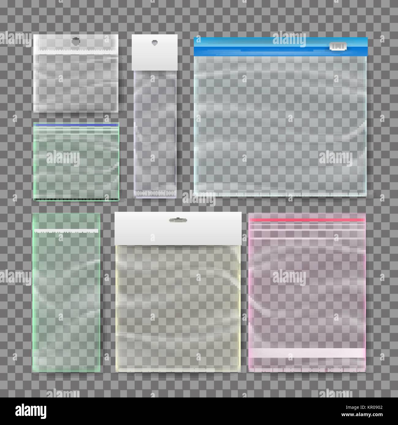 Transparent Plastic Pocket Bags Vector. Polythene Container Set. Clear